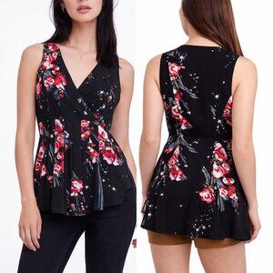 Free People Back to Basics Black Blossom Star Tunic Top Womens Large Boho V Neck